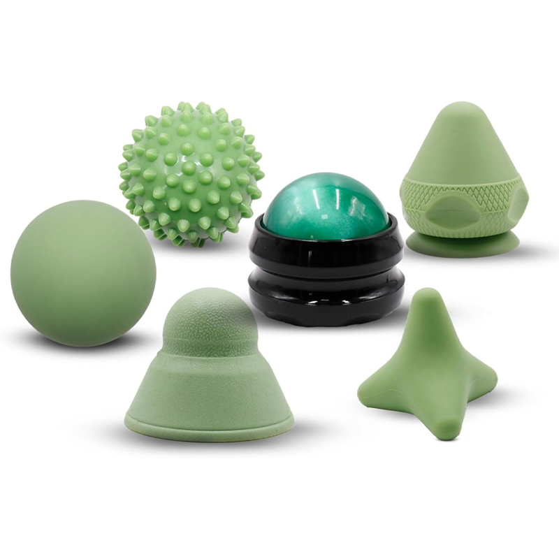 Massage ball set for trigger point release - a myofascial release tool and deep tissue massage set, 6 pieces in total - including a hockey stick, spiked massage balls, hand rollers, and a self-adhesive massage ball.