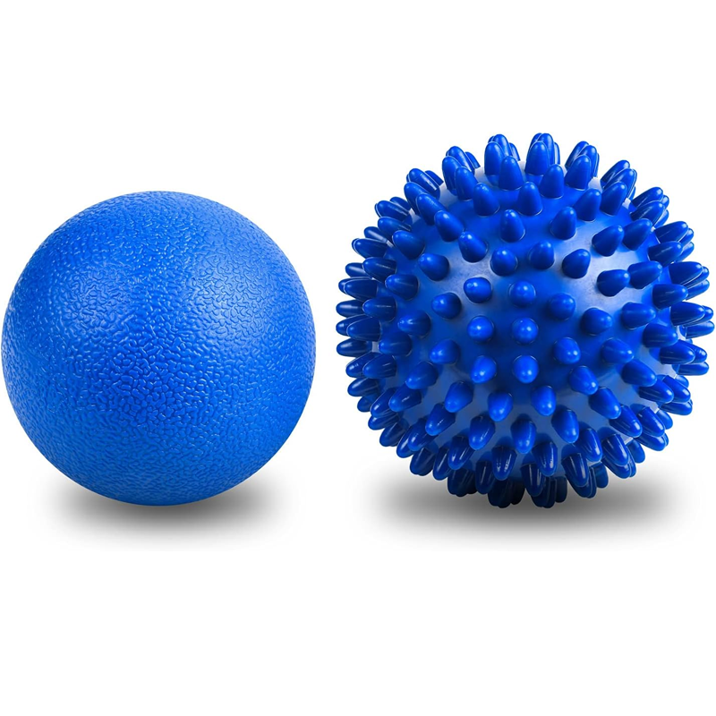 Spiked massage ball set, 2-pack of therapeutic massage balls, including a hard hockey ball and a spiked massage ball, for myofascial release and deep tissue massage of trigger points.