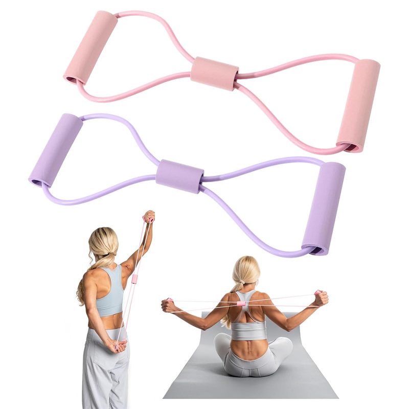 Two figure-eight resistance bands with handles, for use with arms, chest expanders, yoga studios, and as elastic fitness ropes for muscle training.